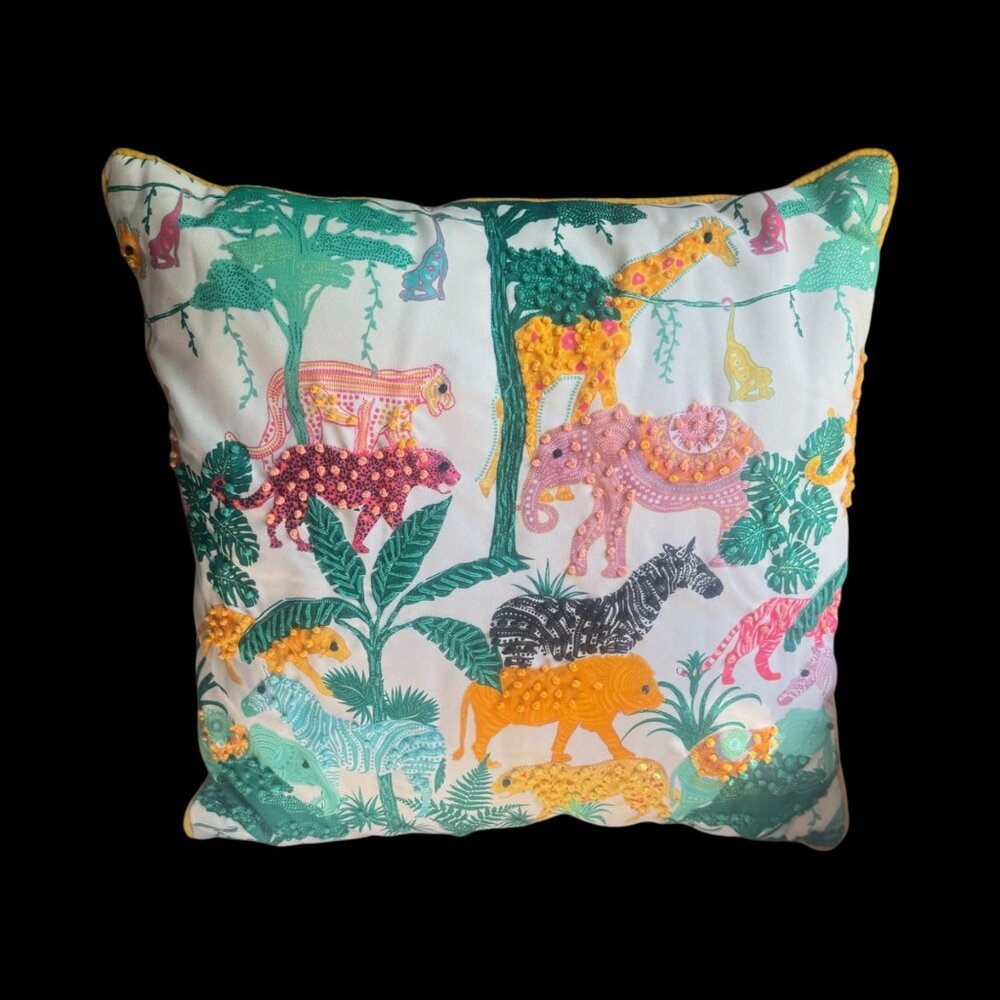 Colorful Embroidered Jungle Animal Pillow - 18"x18" 3D